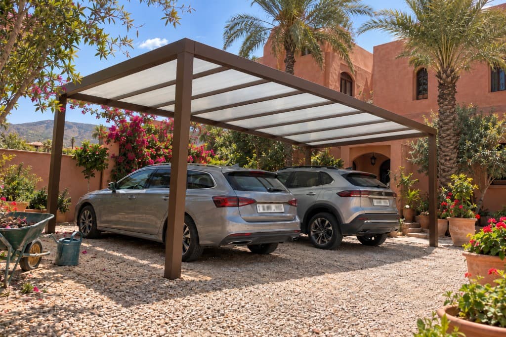 Carport aluminium autoportant à couverture translucide, deux véhicules dans une cour de villa.