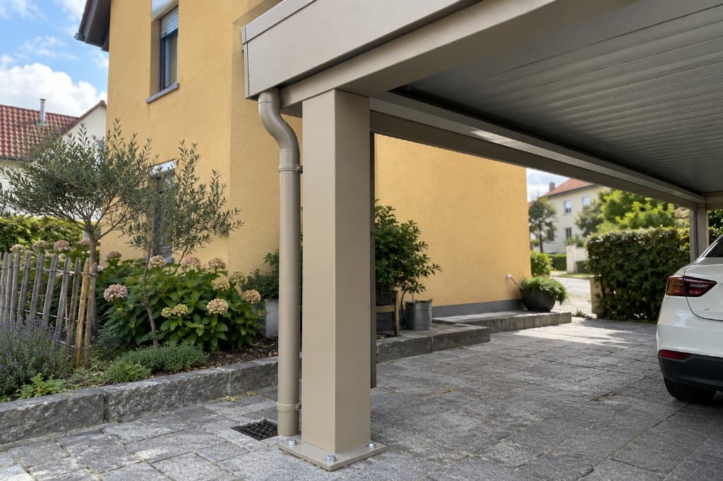 Détail d'un carport aluminium : poteau, platine boulonnée, rive de toiture et descente d'eau.