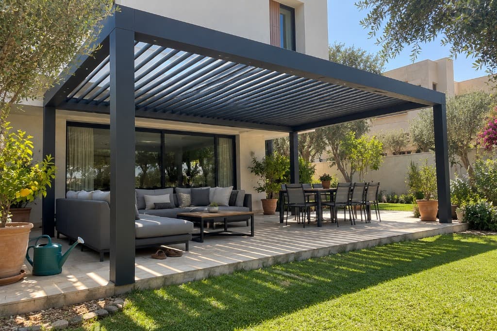 Pergola bioclimatique anthracite, lames ouvertes, ombre en bandes sur une terrasse de villa.