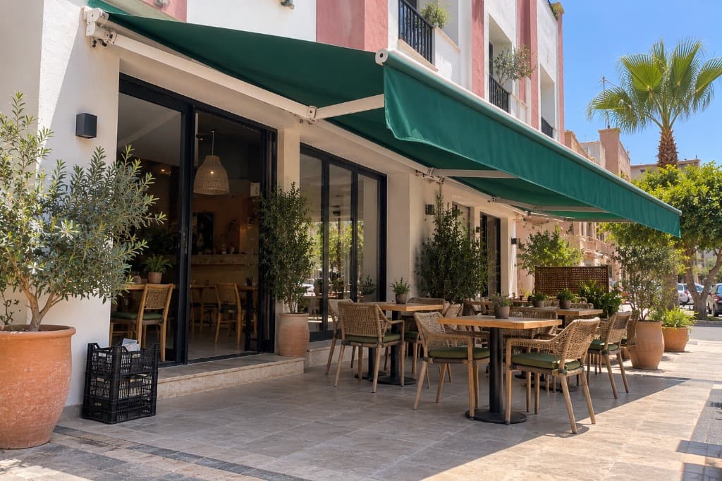 Store banne vert déployé depuis une façade de restaurant, bras visibles, tables en terrasse.